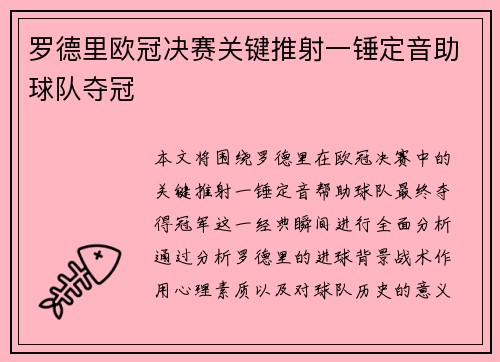 罗德里欧冠决赛关键推射一锤定音助球队夺冠